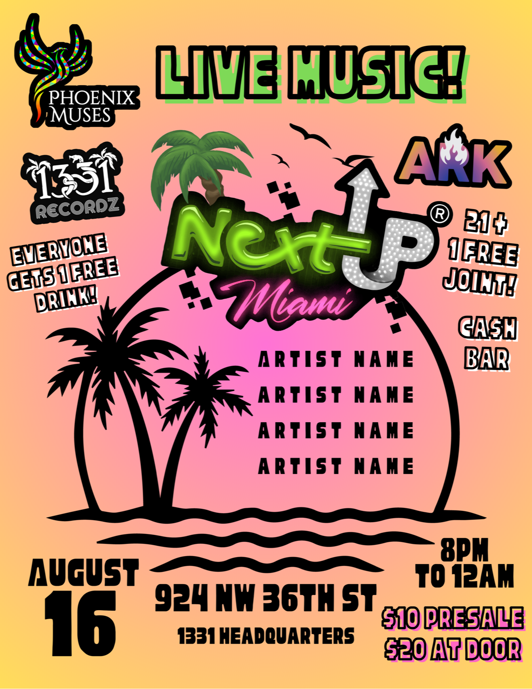Next Up Miami live music event flyer designed by LMDP