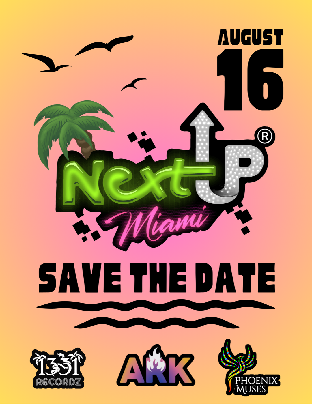 Next Up Miami save the date flyer designed by LMDP