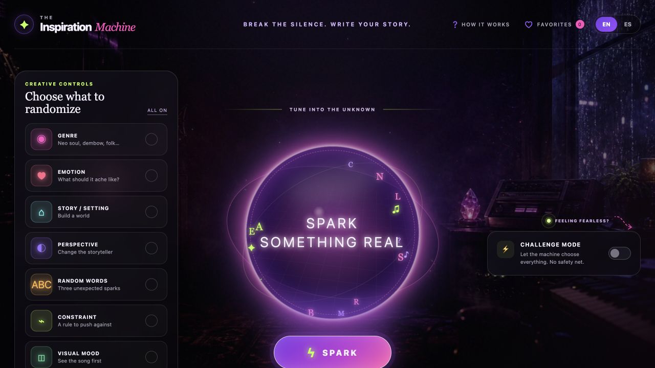The Inspiration Machine bilingual songwriting prompt generator interface