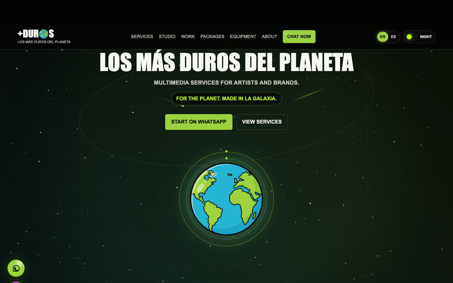 Actual LMDP homepage showing its galaxy background, centered hero, animated globe, navigation, and bilingual controls